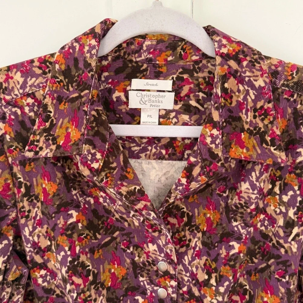 VTG Christopher‎ & Banks Blazer Corduroy Floral Snap Front Purple Petite Large